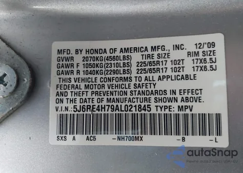 2010 Honda Cr-V Ex-L z USA, uszkodzony, nr VIN 5J6RE4H79AL021845